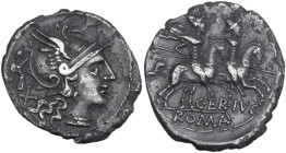 C. Terentius Lucanus. AR Denarius, 147 BC. Obv. Helmeted head of Roma right; X and small Victory behind. Rev. The Dioscuri galloping right; below, C. ...
