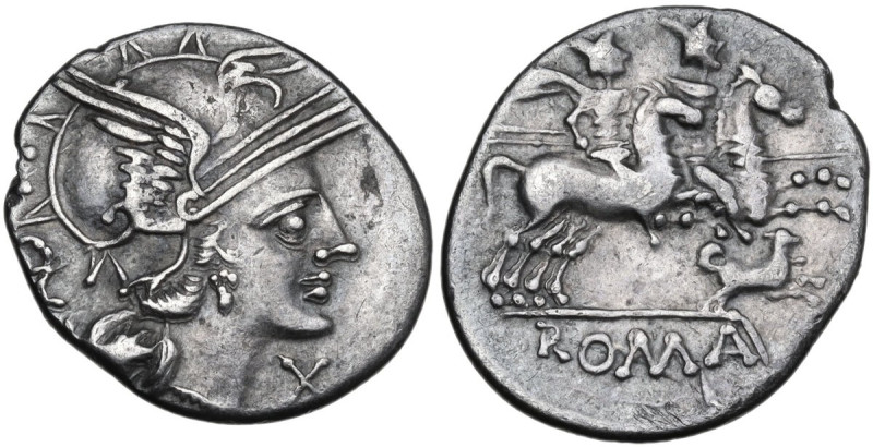 C. Antestius. AR Denarius, 146 BC. Obv. Head of Roma right, helmeted. Rev. Diosc...