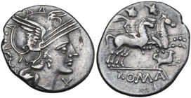 C. Antestius. AR Denarius, 146 BC. Obv. Head of Roma right, helmeted. Rev. Dioscuri galloping right; below, dog. Cr. 219/1e. AR. 2.52 g. 19.50 mm. VF.
