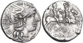 Cn. Lucretius Trio. Denarius, 136 BC. Obv. Helmeted head of Roma right with necklace of beads; behind, TRIO; below chin, X. Rev. The Dioscuri gallopin...