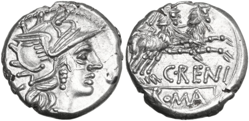 C. Renius. AR Denarius, 138 BC. Obv. Helmeted head of Roma right; behind, X. Rev...