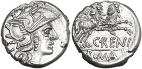 C. Renius. AR Denarius, 138 BC. Obv. Helmeted head of Roma right; behind, X. Rev. Juno in biga of goats right; below, C·RENI; in exergue, ROMA. Cr. 23...