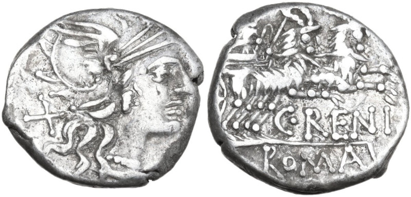 C. Renius. Denarius, 138 BC. Obv. Helmeted head of Roma right; behind, X. Rev. J...