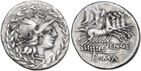 Cn. Gellius. Fourrée Denarius, 138 BC. Obv. Helmeted head of Roma right; behind, X; all within laurel wreath. Rev. Mars and Nerio in quadriga right; b...