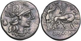 Sex. Pompeius Fostlus. Denarius, 137 BC. Obv. Helmeted head of Roma right; behind, jug; below chin, X. Rev. She-wolf suckling twins; behind, ficus Rum...