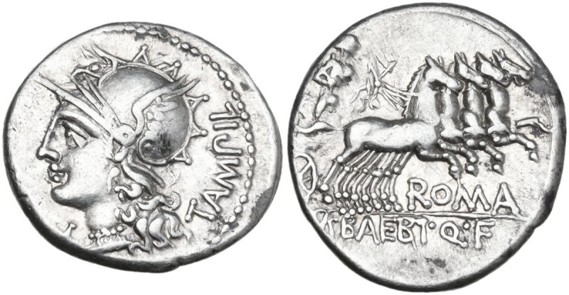 M. Baebius Q. f. Tampilus. Denarius, 137 BC. Obv. Helmeted head of Roma left wit...