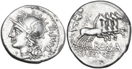 M. Baebius Q. f. Tampilus. Denarius, 137 BC. Obv. Helmeted head of Roma left with necklace of pendants; behind, TAMPIL; below chin, X. Rev. Apollo in ...