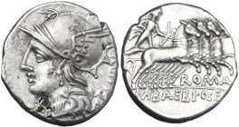 M. Baebius Q. f. Tampilus. Denarius, 137 BC. Obv. Helmeted head of Roma left with necklace of pendants; behind, TAMPIL; below chin, X. Rev. Apollo in ...