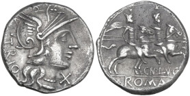 Cn. Lucretius Trio. AR Denarius, 136 BC. Obv. Helmeted head of Roma right with necklace of beads; behind, TRIO; below chin, X. Rev. The Dioscuri gallo...