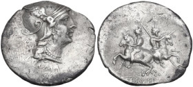 C. Servilius M.f. Denarius, 136 BC. Obv. Helmeted head of Roma right; behind, wreath and barred X; below, ROMA. Rev. The Dioscuri galloping in the opp...