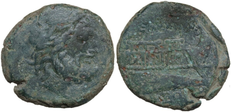 C. Numitorius. AE Semis, 133 BC. Obv. Laureate head of Saturn right. Rev. Prow r...