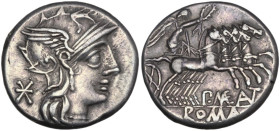 P. Maenius M.f. Antiaticus. Denarius, 130 BC. Obv. Helmeted head of Roma right; behind, barred X. Rev. Victory in quadriga right; below, P·MAE ANT (MA...