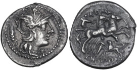 Cn. Domitius Ahenobarbus. AR Denarius, 128 BC. Obv. Helmeted head of Roma right; behind, corn-ear; below chin, barred X. Rev. Victory in biga right; a...
