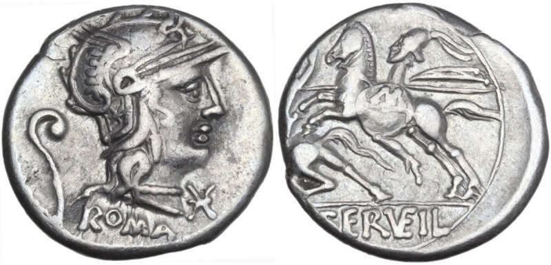 C. Servilius Vatia. Denarius, 127 BC. Obv. Helmeted head of Roma right; behind, ...