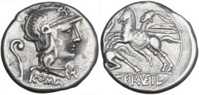 C. Servilius Vatia. Denarius, 127 BC. Obv. Helmeted head of Roma right; behind, lituus; below, ROMA; below chin, barred X. Rev. Battle on horseback be...