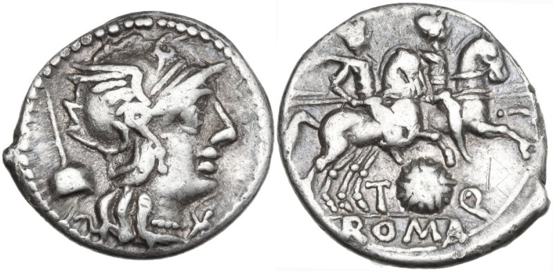 T. Quinctius Flamininus. Denarius, 126 BC. Obv. Helmeted head of Roma right; beh...