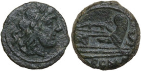 Unofficial anonymous issue. AE Semis. Uncertain mint, post 82 BC. Obv. Laureate head of Saturn right; behind, S. Rev. Prow right; before, S; below, RO...