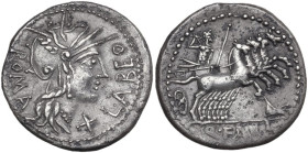 Q. Fabius Labeo. AR Denarius, 124 BC. Obv. Helmeted head of Roma right; behind, ROMA; before, X and LABEO. Rev. Jupiter in quadriga right; usually bel...