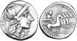 M. Papirius Carbo. AR Denarius, 122 BC. Obv. Helmeted head of Roma right; behind, branch; below chin, X. Rev. Jupiter in quadriga right; below, M·CARB...