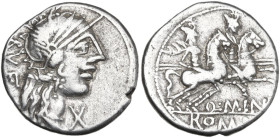 Q. Minucius Rufus. AR Denarius, 122 BC. Obv. Head of Roma right, helmeted. Rev. Dioscuri galloping right. Cr. 277/1. AR. 3.94 g. 18.00 mm. VF.