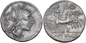 M. Tullius. Denarius, 120 BC. Obv. Helmeted head of Roma right; behind, ROMA. Rev. Victory in quadriga right; above, wreath; below, X; in exergue, M·T...
