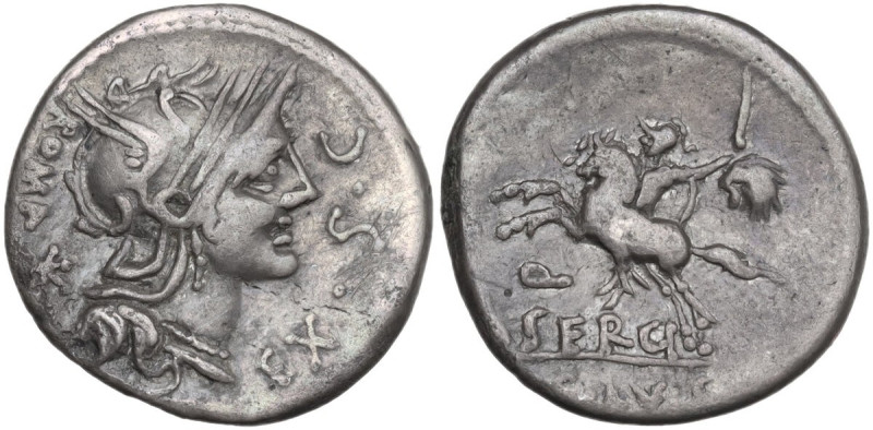 M. Sergius Silus. Denarius, 116 or 115 BC. Obv. Helmeted head of Roma right; beh...