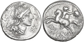 M. Sergius Silus. Denarius, 116 or 115 BC. Obv. Helmeted head of Roma right; behind, ROMA and barred X; on right, EX·S·C. Rev. Horseman galloping left...
