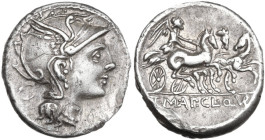 Appius Claudius Pulcher, T. Manlius Mancinus and Q. Urbinius. Denarius, 111 or 110 BC. Obv. Helmeted head of Roma right; behind, quadrangular device. ...