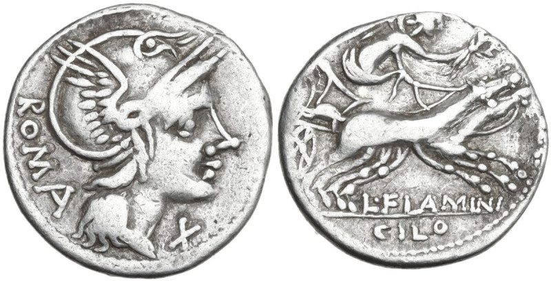 L. Flaminius Chilo. Denarius, 109 or 108 BC. Obv. Helmeted head of Roma right; b...