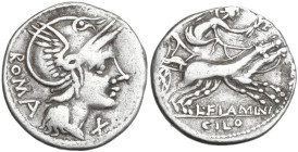 L. Flaminius Chilo. Denarius, 109 or 108 BC. Obv. Helmeted head of Roma right; behind, ROMA; below chin, X. Rev. Victory in biga right; below, L·FLAMI...