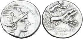 L. Flaminius Chilo. AR Denarius, 109 or 108 BC. Obv. Helmeted head of Roma right; [ROMA]; below chin, X. Rev. Victory in biga right; below, L·FLAMINI;...