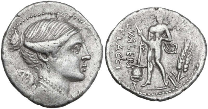 L. Valerius Flaccus. Denarius, 108 or 107 BC. Obv. Draped bust of Victory right;...