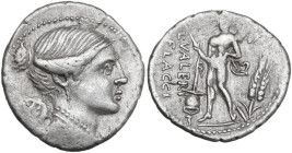 L. Valerius Flaccus. Denarius, 108 or 107 BC. Obv. Draped bust of Victory right; below chin, barred X. Rev. Mars walking left, holding spear and troph...