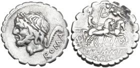 L. Memmius Galeria. Denarius serratus, 106 BC. Obv. Laureate head of Saturn left; behind, harpa and ROMA. Rev. Venus in biga right; above, flying Cupi...