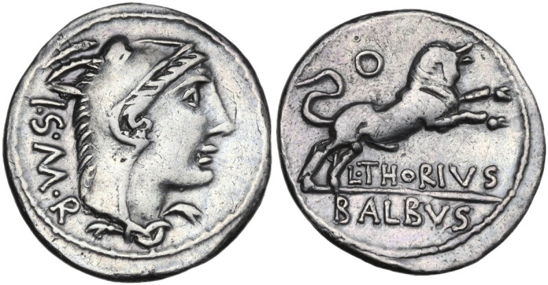 L. Thorius Balbus. Denarius, 105 BC. Obv. Head of Juno Sospita right, wearing go...