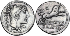 L. Thorius Balbus. Denarius, 105 BC. Obv. Head of Juno Sospita right, wearing goat-skin; behind, I·S·M·R. Rev. Bull charging right; above, control-mar...