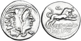 L. Thorius Balbus. AR Denarius, 105 BC. Obv. Head of Juno Sospita right, wearing goat-skin; behind, I·S·M·R. Rev. Bull charging right; above,Q; below,...