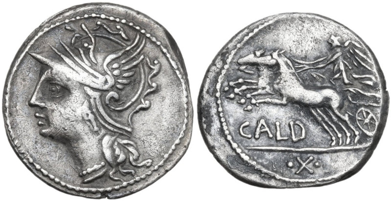 C. Coelius Caldus. AR Denarius, 104 BC. Obv. Helmeted head of Roma left. Rev. Vi...