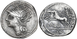 C. Coelius Caldus. AR Denarius, 104 BC. Obv. Helmeted head of Roma left. Rev. Victory in biga left; below horses, CALD; in exergue, three dots and I. ...
