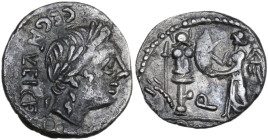 C. Egnatuleius. Quinarius, 97 BC. Obv. Laureate head of Apollo right; behind, C·EGNATVLEI·C·F·Q (NAT and VL ligate). Rev. Victory left inscribing shie...