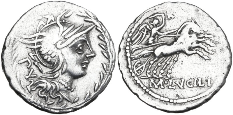 Mn. Lucilius M.f. AR Denarius, 101 BC. Obv. Helmeted head of Roma right; behind,...
