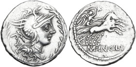 Mn. Lucilius M.f. AR Denarius, 101 BC. Obv. Helmeted head of Roma right; behind, PV; around, laurel-wreath. Rev. Victory in biga right; above, RVF; in...