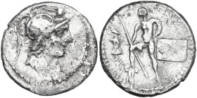 C. Poblicius Malleolus, A. Postumius Sp. f. Albinus and L. Metellus. AR Denarius, 96 BC. Obv. Helmeted head of Mars right; above, hammer (malleolus) a...