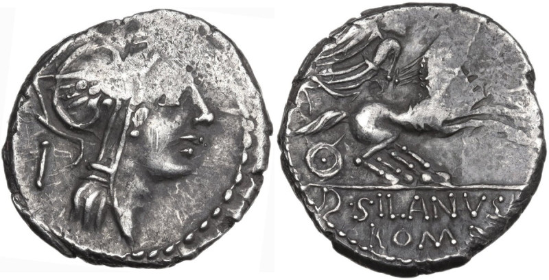 D. Junius Silanus L.f. Denarius, 91 BC. Obv. Helmeted head of Roma right; behind...
