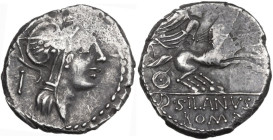 D. Junius Silanus L.f. Denarius, 91 BC. Obv. Helmeted head of Roma right; behind, I. Rev. Victory in biga right; in exergue, D·SILANVS·L·F / ROMA. Cr....