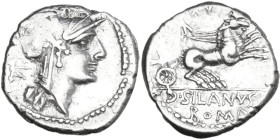 D. Junius Silanus L.f. AR Denarius, 91 BC. Obv. Helmeted head of Roma right; behind, control-mark. Rev. Victory in biga right; above, control-mark; in...