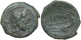 L.P.D.A.P. series. AE Semis, 91 BC. Obv. Laureate head of Saturn right. Rev. Prow right. Cr. 338/2. AE. 8.16 g. 22.00 mm. Greyish green patina. VF/Abo...