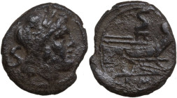 Anonymous. AE Semis, 91 BC. Obv. Laureate head of Saturn right; behind, S. Rev. Prow right; above, S. Cr. 339/2. AE. 6.57 g. 26.00 mm. About VF.