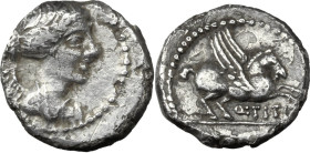 Q. Titius. AR Quinarius, 90 BC. Obv. Draped bust of Victory right. Rev. Pegasus right; below, Q. TITI. Cr. 341/3. B. 3. AR. 1.85 g. 18.00 mm. Nicely t...