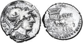 L. Rubrius Dossenus. Denarius, 87 BC. Obv. Helmeted bust of Minerva right, wearing aegis; behind, DOS. Rev. Triumphal chariot right, decorated with ea...